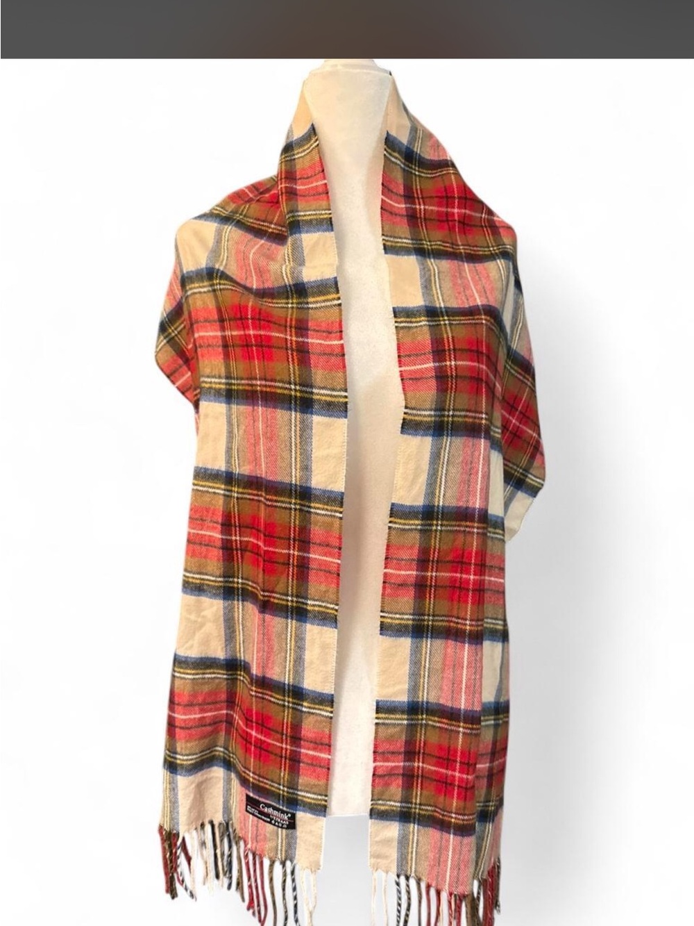 Classic Plaid Wool Fringe Scarf Wrap - Beige and Red